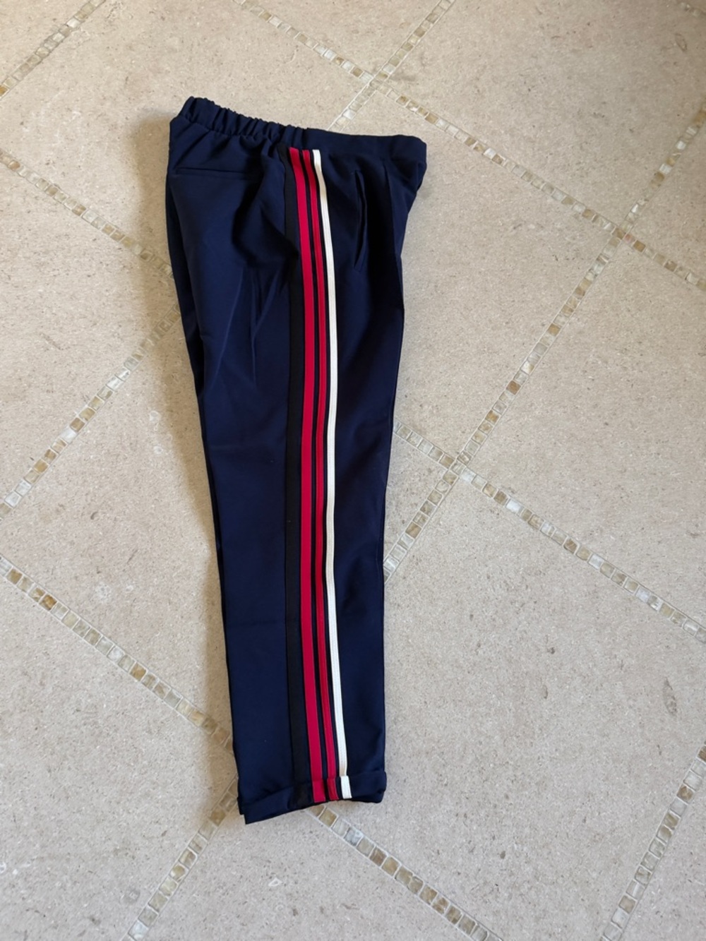 Zara Navy Pants with Red and White Side Stripes